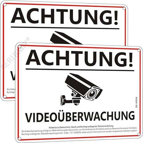 Achtung Videoüberwachung Schild Aluminium Reflektierend 20x15 cm, 2 Stück Kameraüberwachung Schild mit DSGVO Hinweis, Mit Selbstklebend, Mit Bohrlöcher