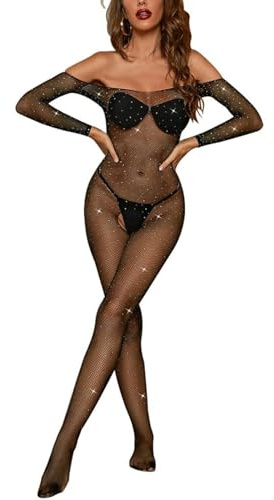 JENCVNL Donna Body a rete Bodystocking Halter Chemise Body Sexy Lingerie a rete Badydoll Lingerie a rete Collant Indumenti da notte Indumenti da notte (Nero con Glitter)