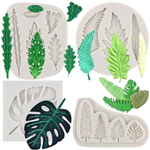 MYPRACS Tropische Blatt Silikonformen Farnblatt Fondantformen Palmblatt Schokoladenform Monstera Blattform für Zuckerkuchen Dekoration Cupcake Topper Süßigkeiten Polymer Clay Gummipaste 4er-Set