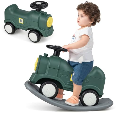 DREAMADE 3 in 1 Schaukelpferd, Rutschauto mit abnehmbarem Balancierbrett, Rutschfahrzeug in Zugform, 40 Grad Balance Board für Kinder 18-72 Monate (Zug)