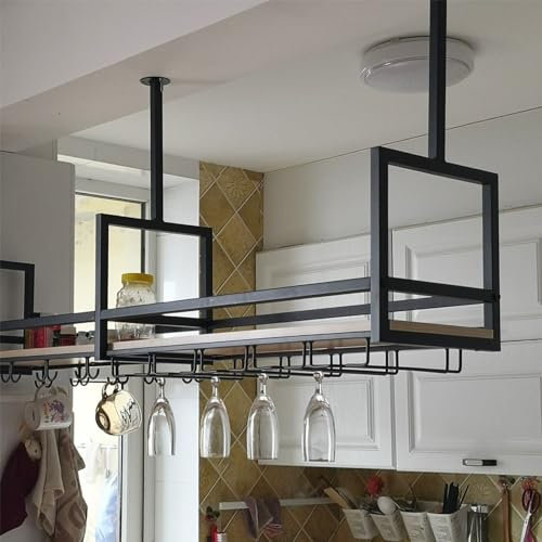 Yopappol Ceiling Shelf, Hanging Floating Shelves Decorative Plant Shelves Flower Pot Stand, Kitchen Bar Pot Pan Rack Upside Down Wine Glass Holder - Metal Iron Frame (Size : 120x30x60cm)