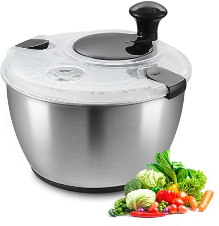 VEVOR Salatschleuder Salattrockner mit Kurbelantrieb 4,5 L, Gemüsetrockner, Waschmaschine, Salatreiniger & Trockner mit Schüsseldeckel aus Edelstahl, Geeignet für Gemüse, Kräuter, Beeren, Früchte