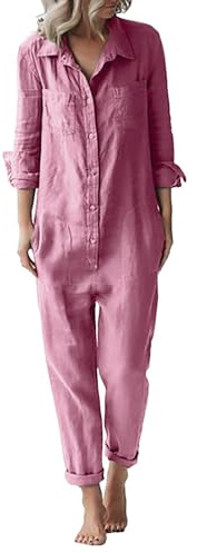 XUEJIANN Einteiler Damen Jumpsuit und Leinen, modisch, lässig, lockeres, lange Ärmel, Knopfleiste und Taschen Jumpsuit Hase Damen (Pink, S)