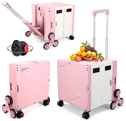 FELICON Folding Climber Utility Cart Rolling Crate Tote Handcart-Pink White