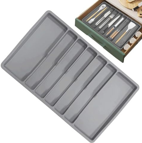 Organiseur de tiroir pour argenterie – Étagère à ustensiles de cuisine, boîte de rangement à 7 compartiments gris, organisation de tiroir pour cuillères, fourchettes, couverts