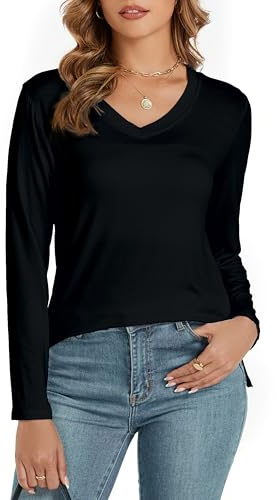 Famrrifuu Tee Shirt Femme Manches Longues Haut Col en V Casual Top Basique Léger Automne Hiver T-Shirt Blouse,Noir,XL