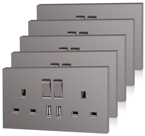 5 Pack CNBINGO Double Switched Power Socket with 2 USB-A Charging Ports (2.1A Output), Electric Power Socket 2 Gang 13 Amp, Grey Double Wall Outlet | 2 Gang Wall Outlet with USB Ports, 13 Amp Electric Power Socket, Switch Control Power, Matt Panel, Easy DIY Install