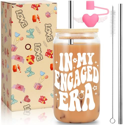 Ninivi 16oz in My Engaged Era Glass Bride Cup Tumbler with Lid Straw | Engagement Gifts for Couples Brides Daily Use Fits Coffee.Thick Durable Glass with Bamboo Lid, Steel Straw Cleaning Brush