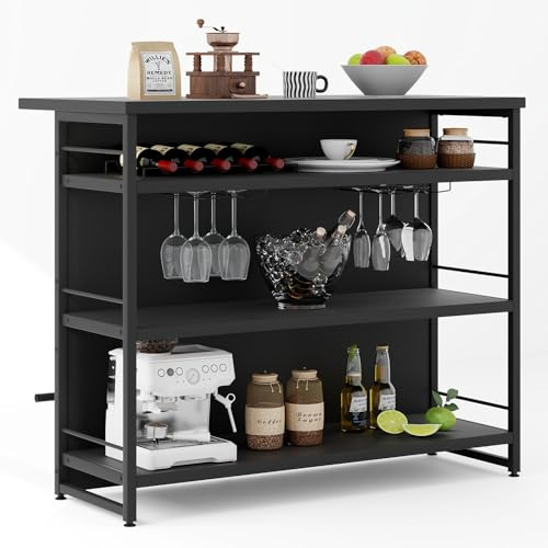 COSTWAY Hausbar Schrank, Barschrank mit 4 Ablagen, 120x60x101cm (Schwarz) | Küchenregal mit Weinregal, Gläserhalter & Fußstütze, Standregal Theke Bar, Küchenbar Bartisch Küche