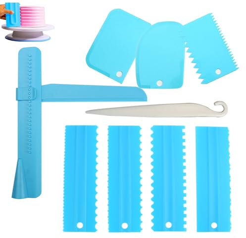 Cake Scraper Set, 9PCS Cake Edge Smoother Stripes Scraper, Adjustable Height Icing Smoother Scraper for Baking Enthusiasts Beginners Professionals(Blue)