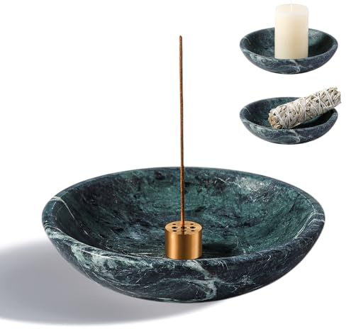 Koville Natural Marble Incense Holder, Incense Holder for Sticks with 9 Holes, Handmade Incense Burner Ash Catcher for Meditation Yoga SPA, Balsam Fir/Palo Santo/Sage/Cone (Green)