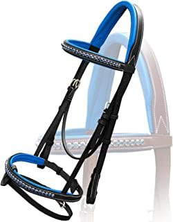 Leather English Bridle Headstall Reins Cowhide Genuine Horse Crossover Crossunder Raised Fancy Stitched Laced All Purpose Jumping Dressage Rubber Crystal Padded Adjustable Browband Full-Cob,M61 (Cob)