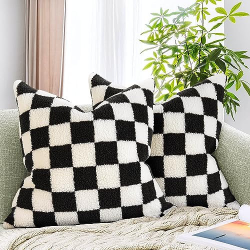 AmHoo 2er Set Dekorative Kissenbezug Schachbrett Dekokissen Sofakissen Luxus Super Sanft Kunstpelz Wolle Set Fall Kissen für Couch Sofa Schlafzimmer 45x45 cm Schwarz