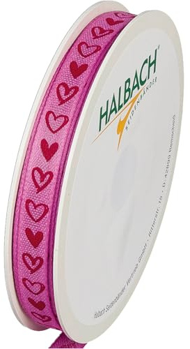 Halbach Geschenkband mit roten Herzen, 10 mm x 20 m, rosenpink/rot | Bedrucktes Schleifenband in Baumwoll-Optik mit Herzmotiv, Made in Germany und waschbar für Hochzeiten und Valentinstag