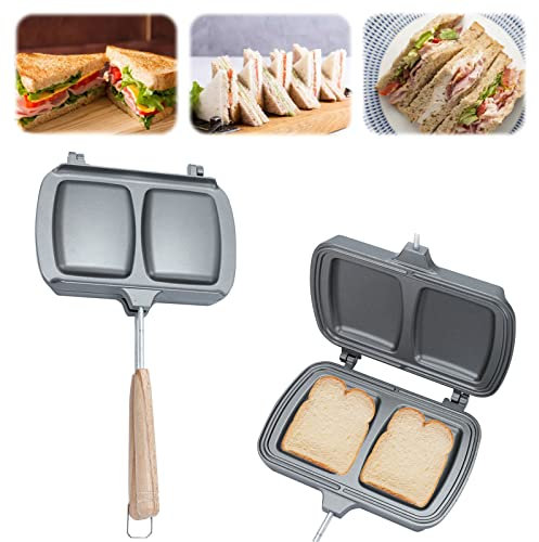 Double-Sided Sandwich Maker Detachable - Non-Stick Stovetop Breakfast Frying Pan with Heat-Resistant Handles, Panini Press Grill, Portable Camping Toaster for Grilled Bread, Cheese, Sausages(Silver)