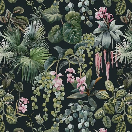 Timeet Selbstklebende Tapete 41CM*10M Schwarz Klebefolie Grüne Blätter Tapete Selbstklebend Botanische Vinyl Möbelfolie Wohnzimmer Schlafzimmer Klebetapete Möbel Kabinett Decor