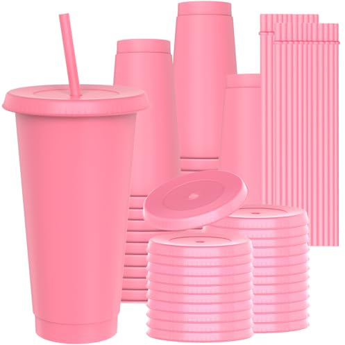 OZMOJOO Vasos de plástico de 24 oz con tapas y pajitas, resistentes y aptos para alimentos, vasos de café con hielo con tapa, vaso de plástico reutilizable, vasos para beber para fiesta de revelación