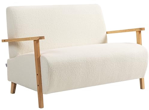 HOMCOM 2 Seater Sofa, Small Sherpa Fabric Couch Settee, Nordic Upholstered Loveseat with Wood Legs and Armrests, Thick Seat for Living Room, Bedroom, Office, Cream White