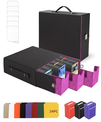 Heypappy Trading Card Storage Box 2400+ Capacity, Includes 3 PP Cases & Handle, 24 Colorful Dividers & 6 Card Supporters, Durable PU Leather Card Box for Most Standard-sized Trading Cards