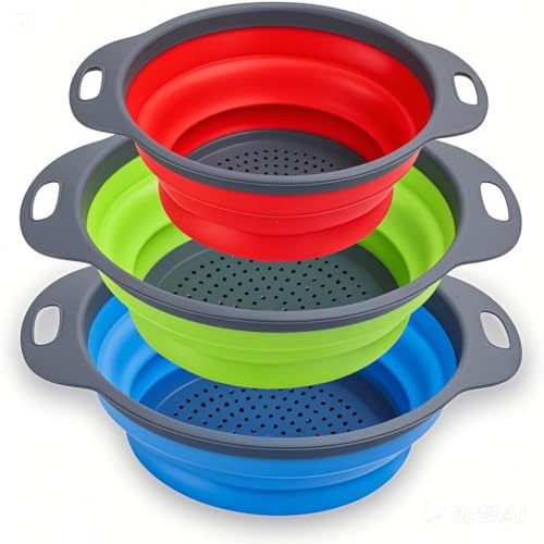 Collapsible Colander Set of 3 - Silicone Kitchen Strainers with Plastic Handles - 4 Quart & 2 Quart Sink Colander for Draining Pasta, Vegetables, Fruits (Green, Red,Blue)