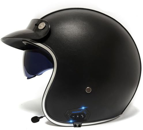 VVPEC Bluetooth Vintage Motorrad Jet Helm mit Visier, ECEDOT genehmigt Crash Jet Helm, Motorrad Open Face Helm, für Männer Frauen Road Legal, Retro 3/4 Open Face Design(2,L=59~60cm)