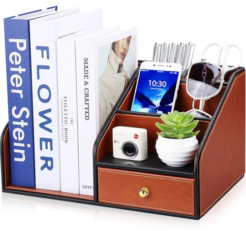 GORESE Schreibtisch Organizer mit Aktenhalter,Leder Papier Briefablage mit Schublade und 4 Stiftehalter, Zeitschriftenhalter Dokumentenablage Ablagefächer Organizer für Büro,Zuhause,Schule(Braun)