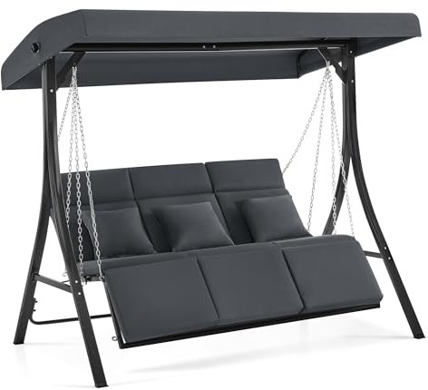 M MCombo Hollywoodschaukel mit Liegefunktion, Gartenschaukel 3 Sitzer Wetterfest, Outdoor Schaukelbank mit Metallketten, Verstellbarem Dach, 123 * 194 * 169 cm, 8018 (Dunkgelgrau)