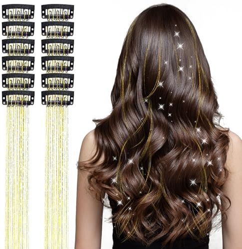 12 Stück Lametta-Extensions, 50 cm lange, hitzebeständige Glitzersträhnen für Damen und Kinder, funkelnde Feen-Haaraccessoires für Partys – Gold