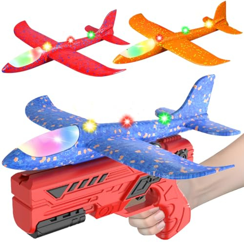 HATFRYF Airplane Launcher Toys, 3 Pack LED Throwing Glider Plane, Catapult Aeroplane Toy with Gun, 2 Flight Modes for Kids Outdoor Sport Flying Toys Age 3 4 5 6 7 8 9 Year Old Boys Birthday Gifts