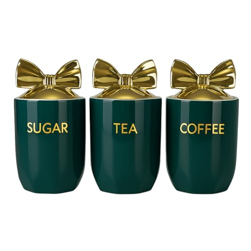 BMLIMITED BML Green Ceramic Tea Coffee Sugar Canister Set with Silver Bow Lids Airtight Kitchen Storage Jars for Kitchen Countertop Décor Accessories