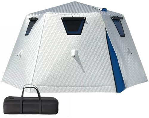 Tenda da pesca a scomparsa esagonale, isolata, per pesca sul ghiaccio, 2 porte e 4 finestre, copertura termica in cotone ispessito, per pesca invernale