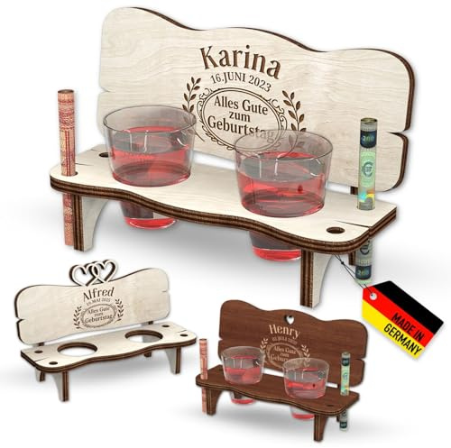 Customdo Personalisierte Schnapsbank Alles Gute zum Geburtstag inkl. 2 Schnapsgläser - Name Datum Gravur Holzbank in Hell Dunkel Braun mit Motiv - Geburtstagsgeschenk für Männer und Frauen