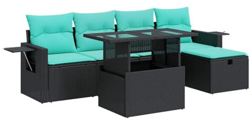 vidaXL 6-TLG. Garten-Sofagarnitur mit Kissen Grau Poly Rattan Akazie, Outdoor Sofagarnitur, Gartensofa Set, Lounge Set, Sofagarnitur Terrasse