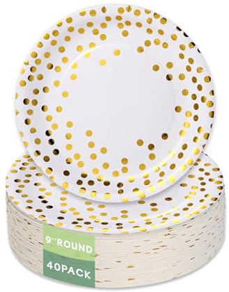 Yinbanban Stylish Paper Plates 40 Count,Eco Compostable Plates,Gold Foil Polka Dots White Paper Plates 9 inch Disposable Plates for Mother's day,Birthday,Wedding,Party,Dessert Plates Dinner Plates