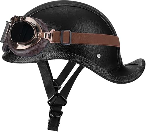 Casco Jet Moto Vintage Omologato ECE 22.06 Mezzo Pelle Casco Da Motociclista Caschi Cromwell Con Occhiali Portatile Casco A Scodella Per Uomo Donna Scooter Street Cruiser 2,M/(57~58cm)