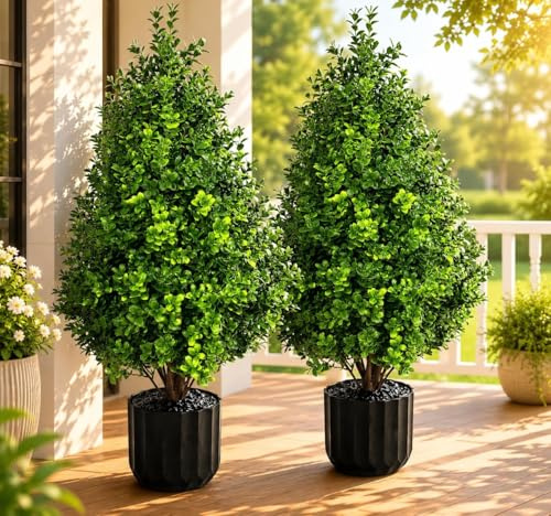 2PACK Artificial Boxwood Topiary Trees in Pot,70CM Artificial Boxwood Plants Outdoor Indoor with Planter,Realistic Potted Faux Shrubs Plants Fake Evergreen Tree for Patio Garden Room Office Decor