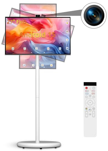 VLH 27 Inch Smart Portable TV, FHD Touch Screen Monitor on Wheels, Android 15, 6GB +128GB, Wireless Movable Display, EDLA-Certified, 13MP Camera, Speaker, 8 Hour Battery, HDMI, Voice Remote Control