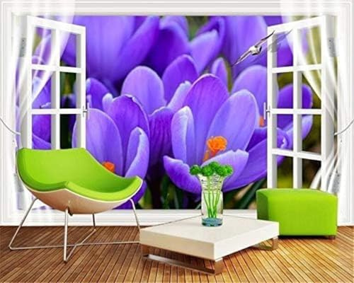 XLMING En Relief Blanc Fenêtre Violet Fleurs 3D Papier Peint Luxe Décoration Manger Adulte Intérieure Salon Canapé Chambre Fond TV Mur-150cm×105cm