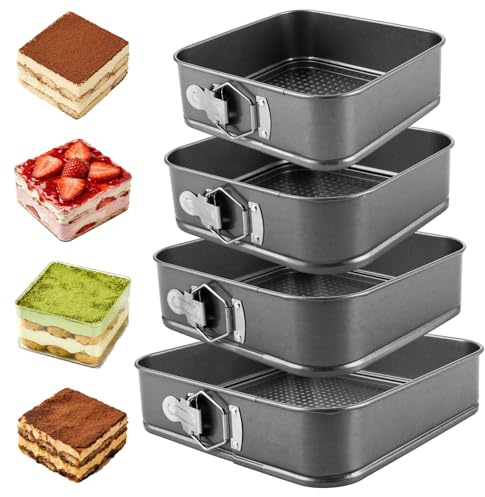LOPYXBR 4 Stück Springform Rechteckig Antihaft, Springform Eckig in 20/22/24/26 cm mit Herausnehmbarem Wabenboden, Backform Rechteckig aus Carbonstahl, Kuchenform Eckig für Familienbacken, Feiern