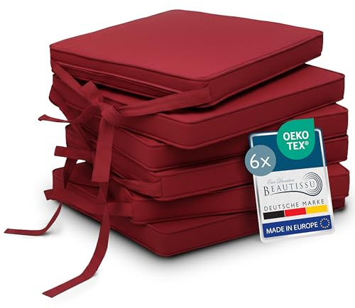 Beautissu 6er Set Stuhlkissen mit Bändern rutschfest Sitzkissen für Stühle | 45x40cm Rot Stuhlpolster Sitzpolster mit Befestigungsbändern Sitzauflage Polsterauflage Esszimmerstuhl Kissen Loft SK