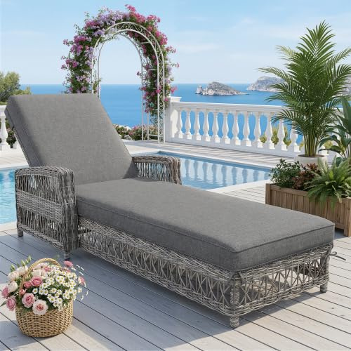 Merax Outdoor-Liege aus Rattan – Verstellbare Rückenlehne, Abnehmbares Kissen, Wetterfeste Gartenliege für Terrasse, Balkon und Poolbereich, Grau – Polyrattan Sonnenliege für 180 kg Tragfähigkeit