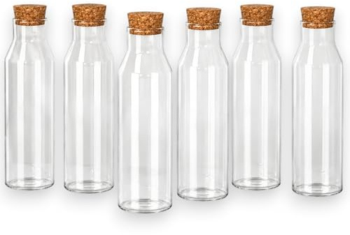 KORAT - Set 6 Bottiglie in Vetro da 1 Litro con Tappo in Sughero Naturale – Disponibili in 2 Varianti, Bottiglie Riutilizzabili per Acqua, Vino, Succhi, Olio e Bevande (Tappo Classico - 8,5x27 Cm)