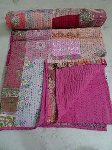 Sophia-Art Patola Baumwoll-Patchwork-Kantha-Steppdecke, Kantha-Decke, Tagesdecke, Patch-Kantha-Überwurf, King Kantha, Kantha Rallies, indische Sari-Steppdecke, Größe 228,6 x 274,3 cm