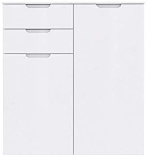 Forte SIENNA Kommode 110, weiße Kommode mit 2 Türen und 2 Schubladen, modernes Sideboard, Wohnzimmer, Schlafzimmer, Holzwerkstoff, Weiß / Weiß Hochglanz, 109,9 cm breit x 34,1 cm hoch x 116,9 cm tief