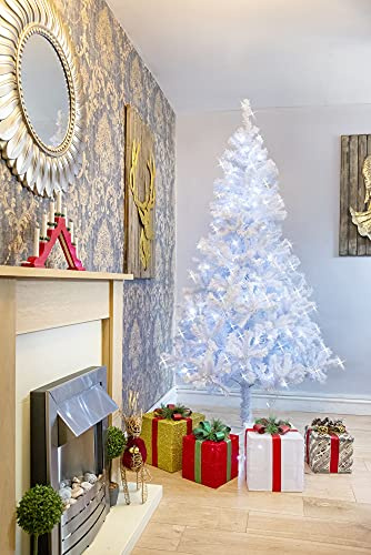 SHATCHI 5ft/1.5m Pre-Lit Artificial Christmas Tree Alaskan Pine White 350 Tips - 130 Cool White LEDs Metal Stand Xmas Home Decorations 150cm