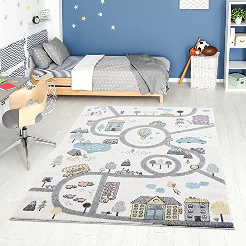 carpet city Kinderteppich - Straßen-Stadt-Motiv Creme Multi - Kinderzimmer Teppich Modern (120 cm x 160 cm)