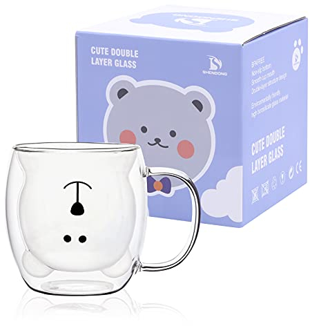 SHENDONG Tazze con orsetto carino Simpatico orsetto con tazze Tazza da caffè con manico Tazza Latte 250ml Tazzine da caffè in vetro isolante a doppia parete Regalo di vetro Compleanno San Valentino
