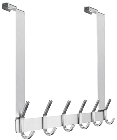 MEIJO Türhaken Rückseite Edelstahl, Türgarderobe Innenseite Ohne Bohren mit 6 Haken Türhakenleiste Tür für badezimmer, Schlafzimmer (Silber, Innenseite)