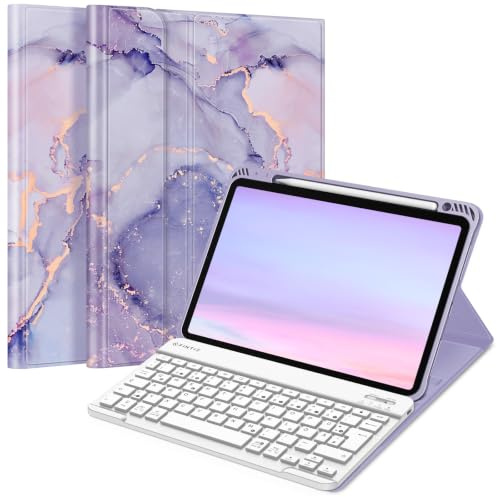 FINTIE Tastatur Hülle für iPad Air 11 Zoll, iPad Air 5./4. Gen 10,9 Zoll | Magnetisch Abnehmbare Deutsches QWERTZ-Layout Bluetooth Tastatur, TPU Rückschale Schutzhülle mit Stifthalter, Marmor Lila