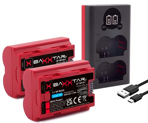 Baxxtar MaxProtect NP-W235 Akku (2X 2600 mAh) - mit aktivem NTC Sensor und V1 Schutzgehäuse - Ladegerät Mini 18882 USB Dual LCD - für GFX-50s II GFX-100S GFX-100 II X-H2 X-H2S X-S20 X-T4 X-T5
